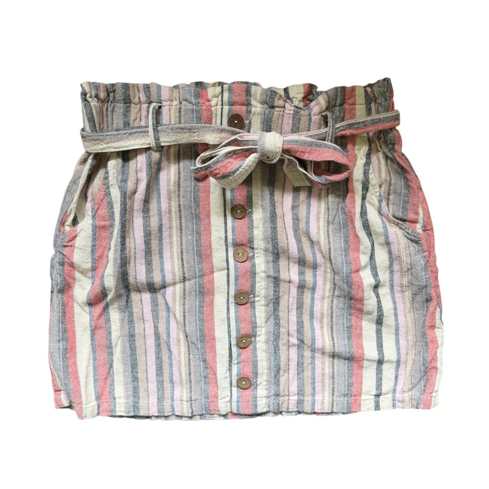 Jolt Boho Coastal Women Paperbag Mini Skirt Multicolor Striped Linen Blend